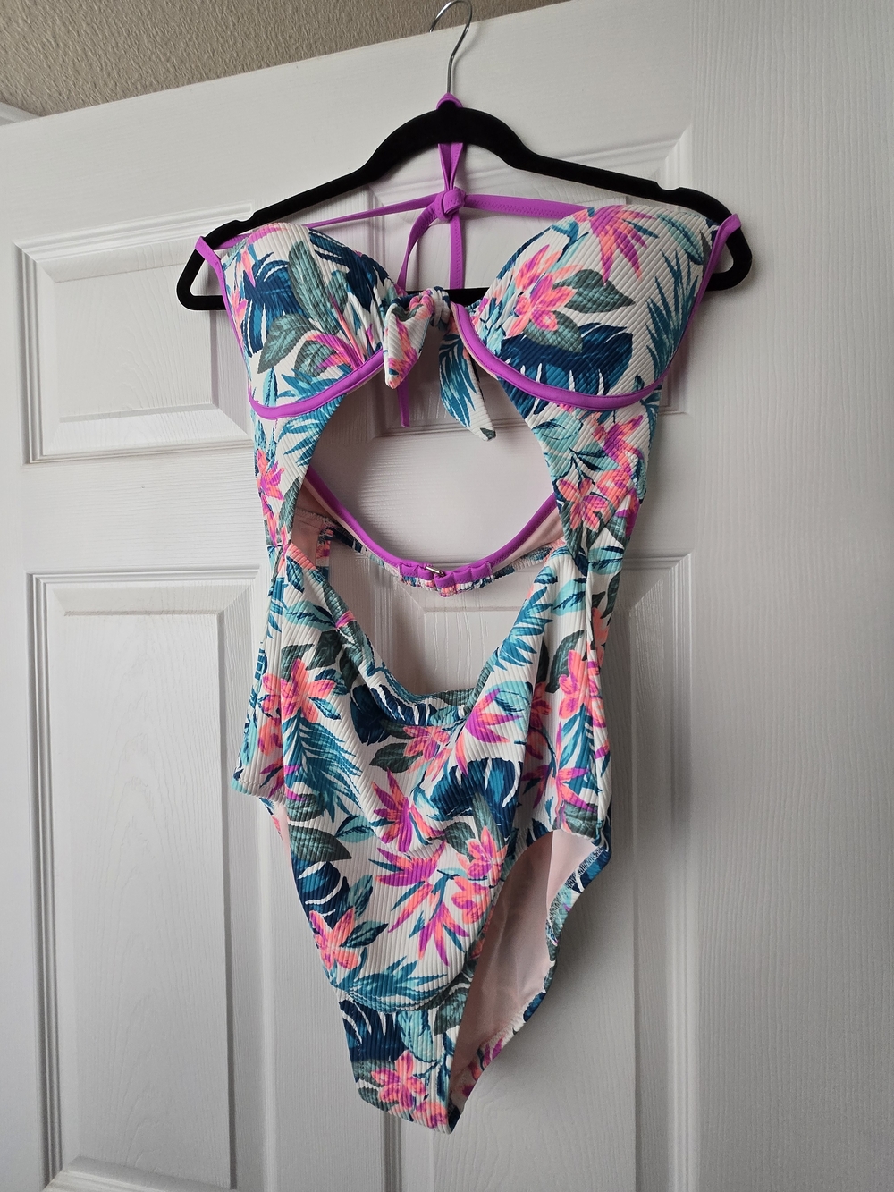 Shade & Shore Pink Trim Floral Cutout One-Piece Swimsuit